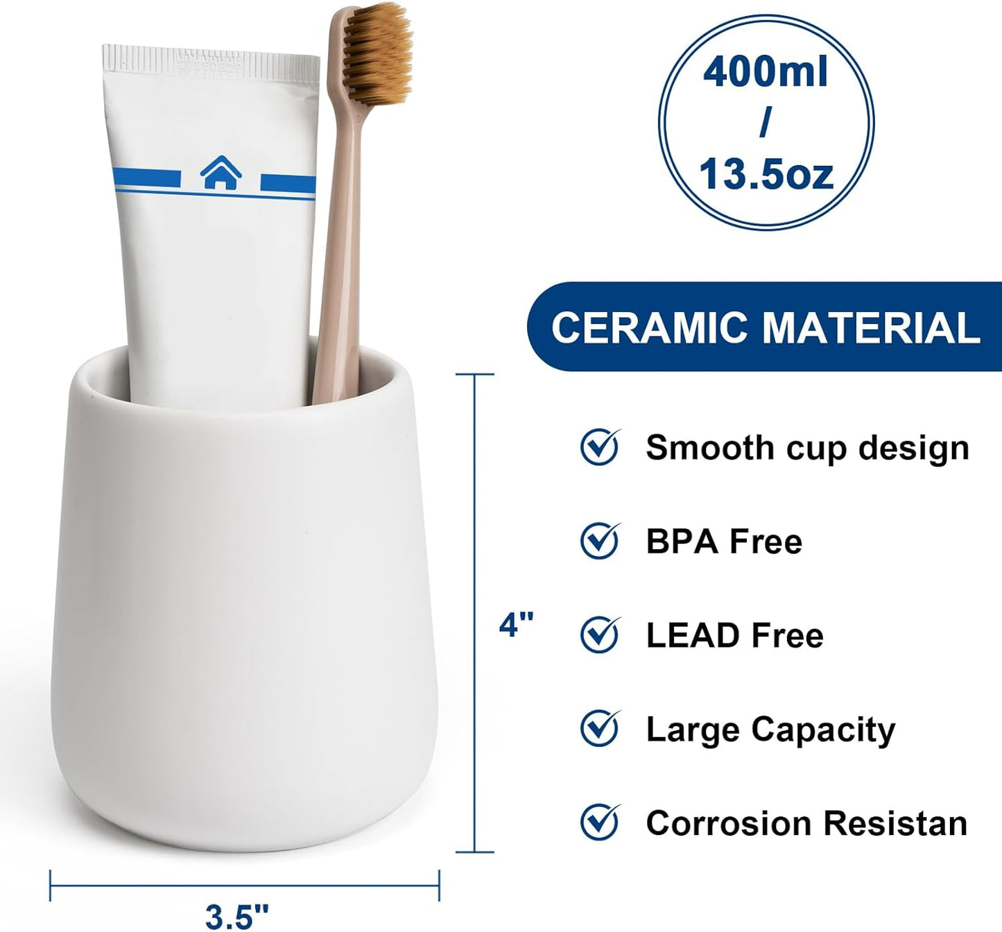 Bathroom Tumbler Cup Ceramic 2Pcs 13.5oz Reusable Toothbrush Cup 400ml, Toothbrush Holder Adequate for Your Bathroom (White)