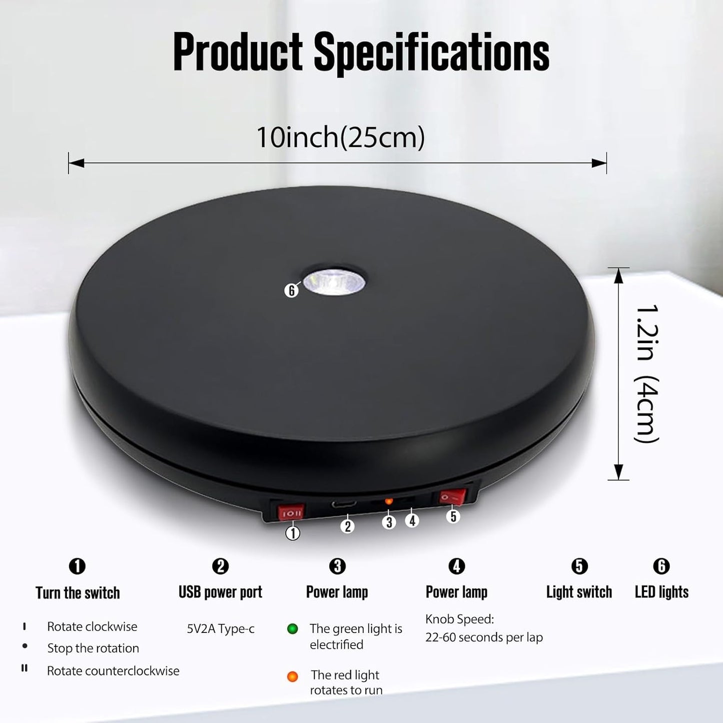 JAYEGT Motorized Rotating Display Stand with 5 Color LED Light , 10 inch /55lbs Load, 360 Degree Electronic Turntable Display Stand for Photography Products Shows, Jewelry, Watch, 3D Models, Cake