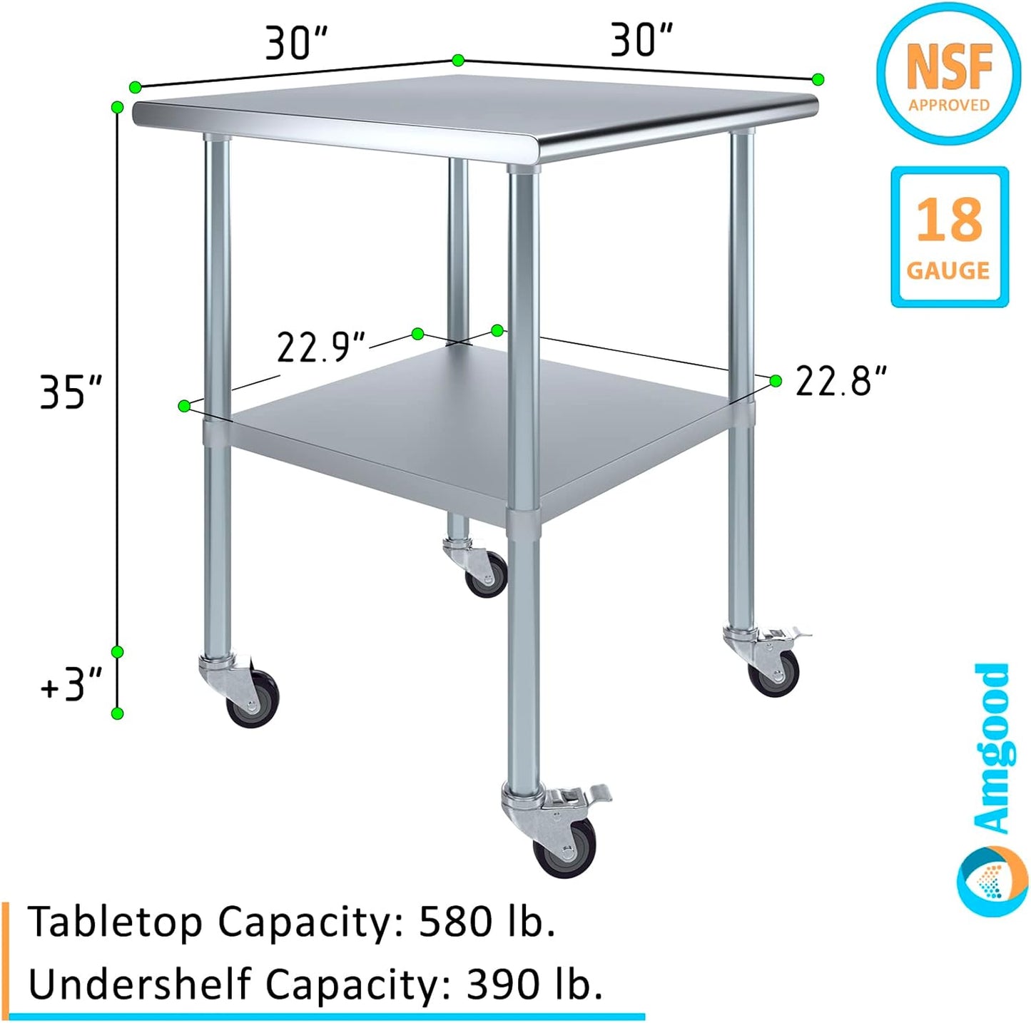 AmGood 30" x 30" Stainless Steel Work Table with Casters | Heavy Duty Metal Utility Table On Wheels | Kitchen Island Cart