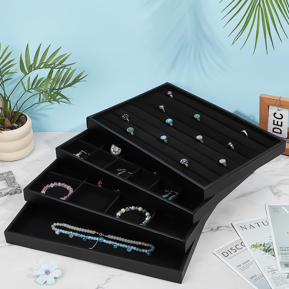 PH PandaHall Black Jewelry Tray 4 Pack Jewelry Organizer Tray Rectangle Display Trays Stackable Storage Case for Earrings Rings Necklaces Dresser Drawer Vendor Display Christmas Decor, 13.7x9.4inch