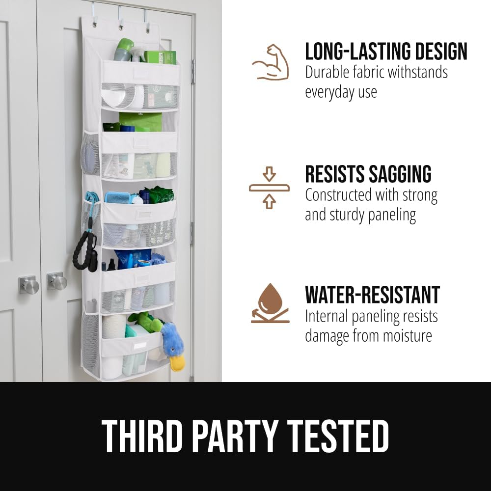 GORILLA GRIP Large Capacity Closet Organizer, 5 Deep Shelves, Holds 50lbs, Over the Door Organizers 6 Mesh Pockets, Shelf Storage for Clothes Crafts Dorm Essentials, 3 Metal Hooks, 58x15 Inches, White