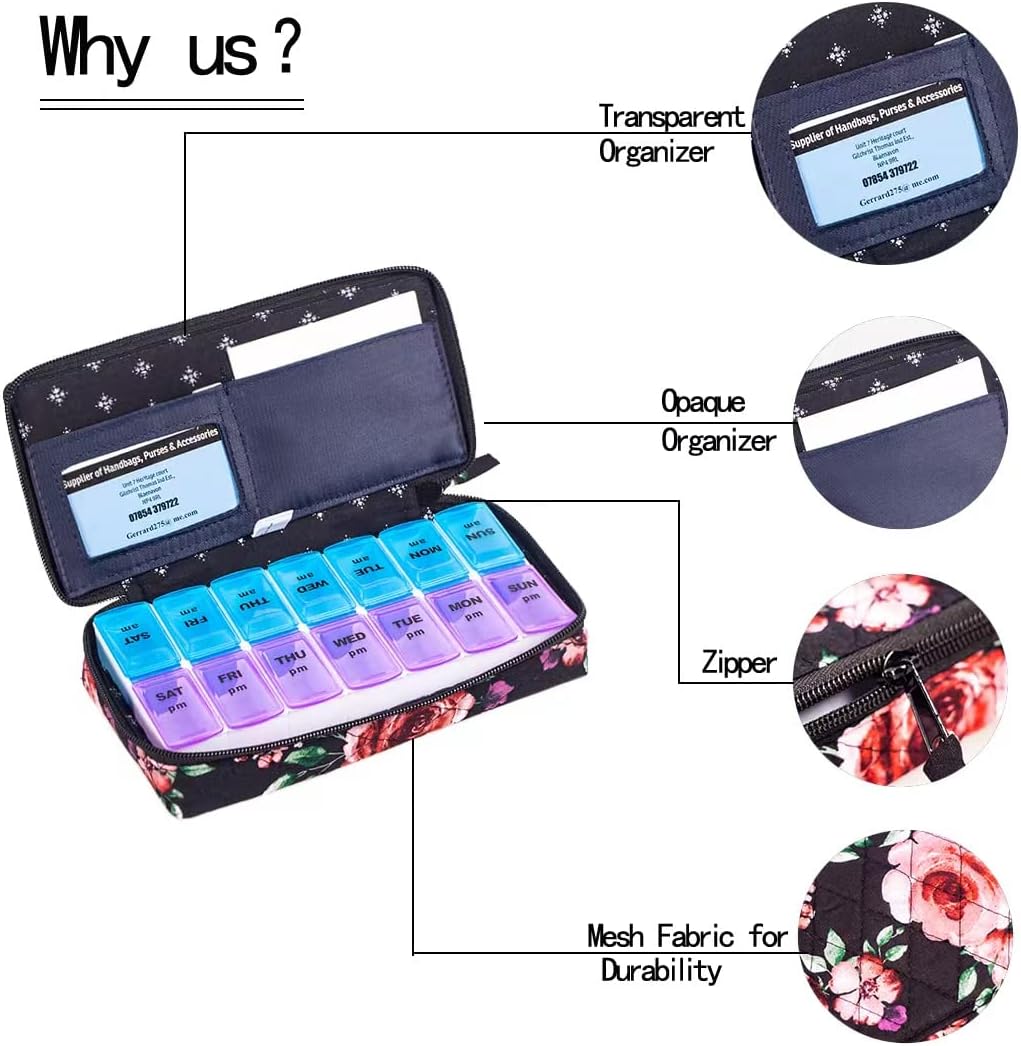 Weekly 7 Day Pill Organizer Case 2 Times a Day (AM/PM), Large Portable Cute Pill Box 7 Day for Vitamin&Medicine, Pill Case with Quilted Fabric Zipper Cute Bag for Travel or Daily
