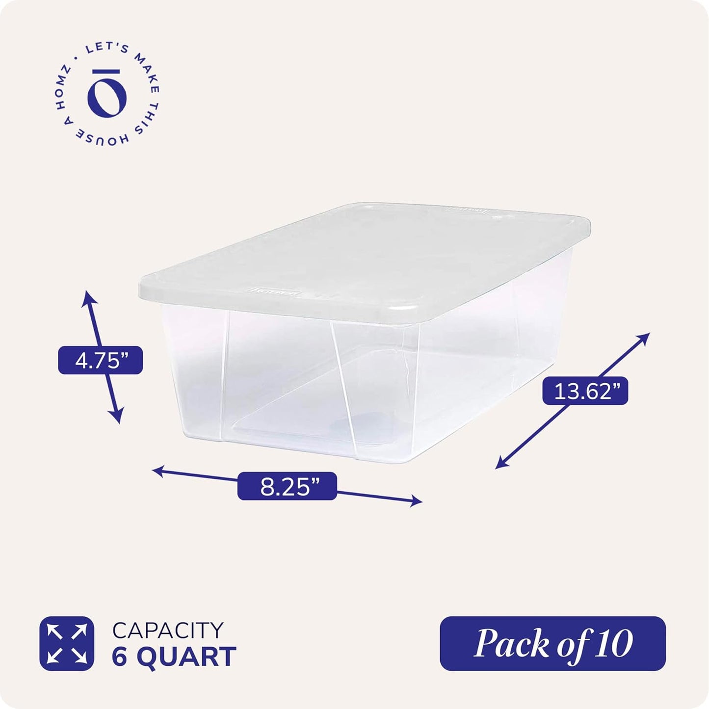 HOMZ 10-Pack Snaplock, Small Clear Plastic Storage Organizer Bins w/ Lids, 6 Quart, White - Stackable Container Boxes for Bedroom, Bathroom, Garage, and Office Organization