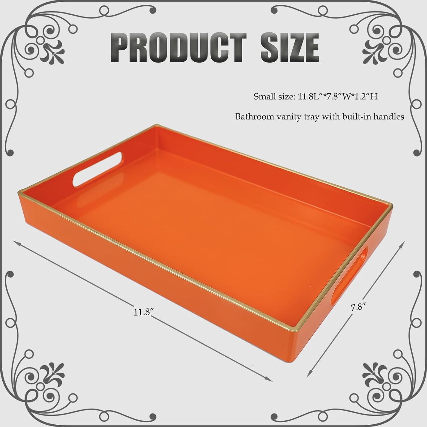 Spsyrine Orange Bathroom Vanity Tray with Handles for Dresser Tops, Countertop, Perfume Decorative Tray, 11.8” * 7.87” *1.37”