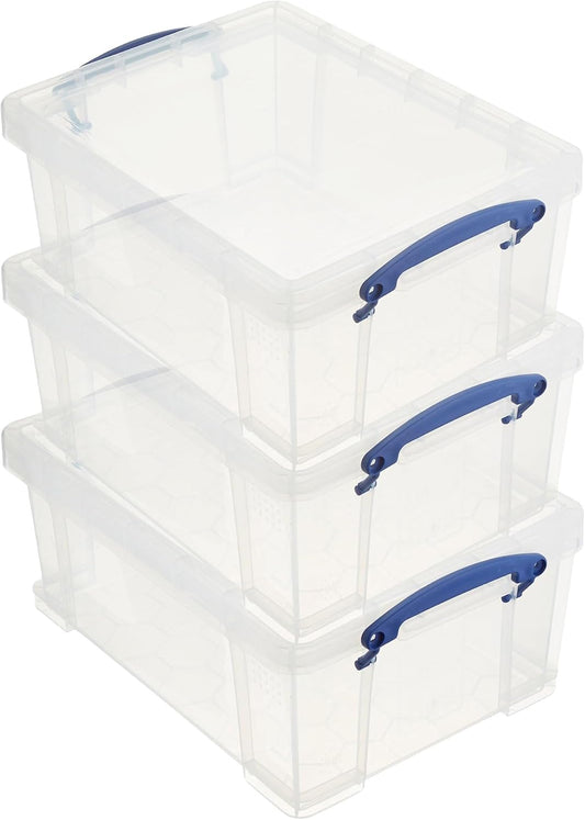 Really Useful Box Stackable 9 Liter Plastic Storage Container Bin with Snap Lid and Built-In Clip Lock Handles for Home & Office Organization (3 Pack)