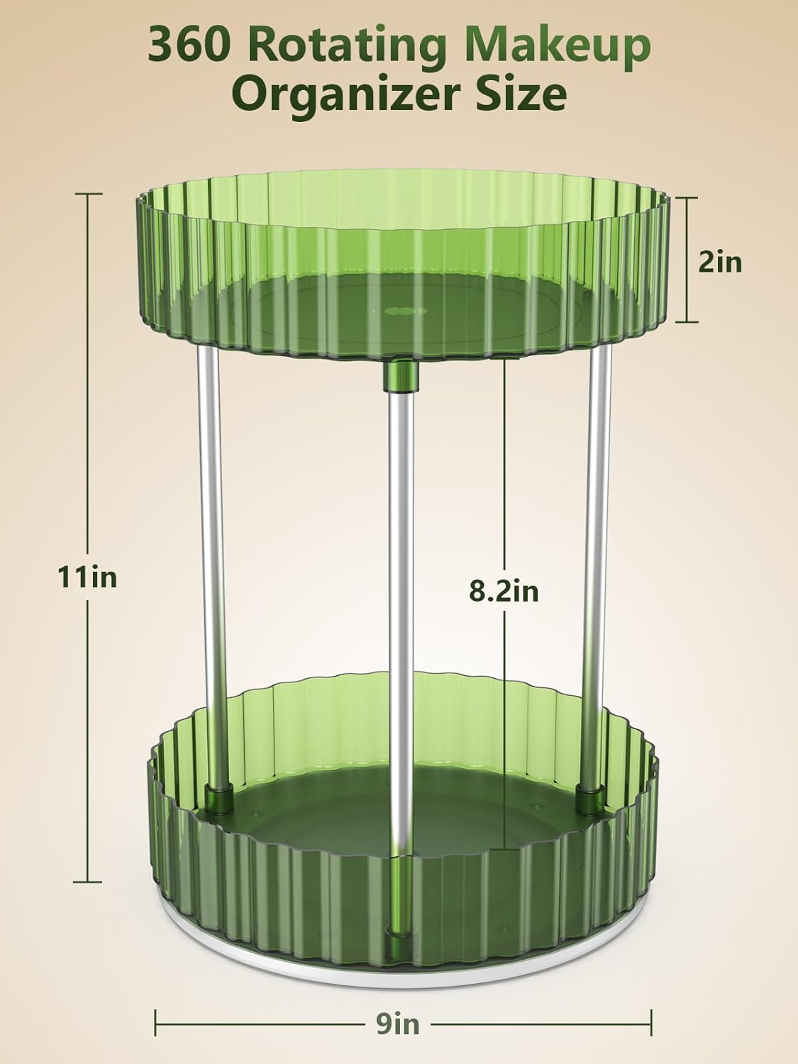 Makeup Organizer,360° Rotating Makeup Organizer,2-Tier Round Rotating Skincare Organizer Countertop,Fits Bedroom, Bathroom, Vanity Shelf Countertop(Green)