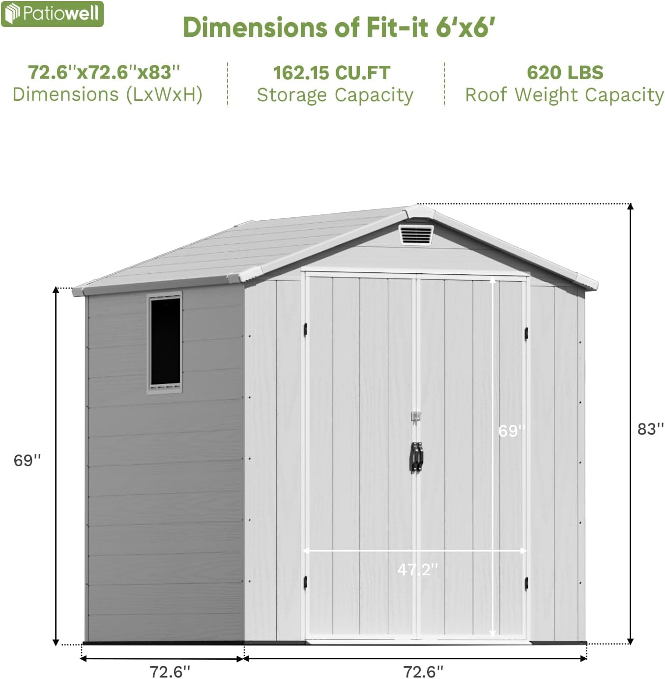 Patiowell 6X6 FT Outdoor Storage Shed with Lockable Door and Floor - Resin Garden Tool Shed with Window, Waterproof Easy Assembly for Backyard, Lawn, Patio Furniture Storage (Light Grey)