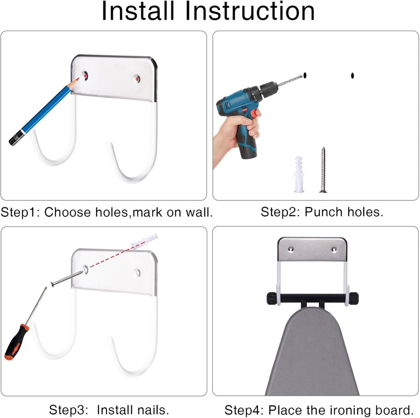 Ironing Board Hanger Wall Mount, Ironing Board Holder for Y or T Shaped,Stainless Steel Wall Hook Iron Board Holder for Laundry Rooms with 2 Hooks (White)
