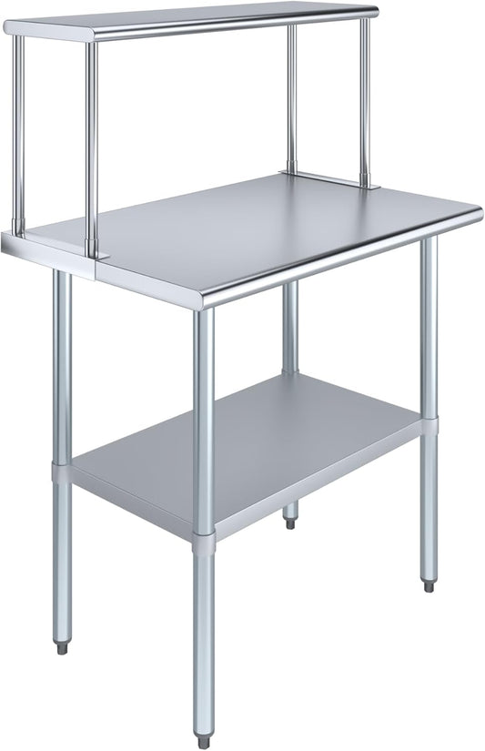Stainless Steel Work Table with Wide Single Tier Overshelf | Metal Kitchen Prep Table & Shelving Combo (24" x 36" Work Table + 12" Overshelf)
