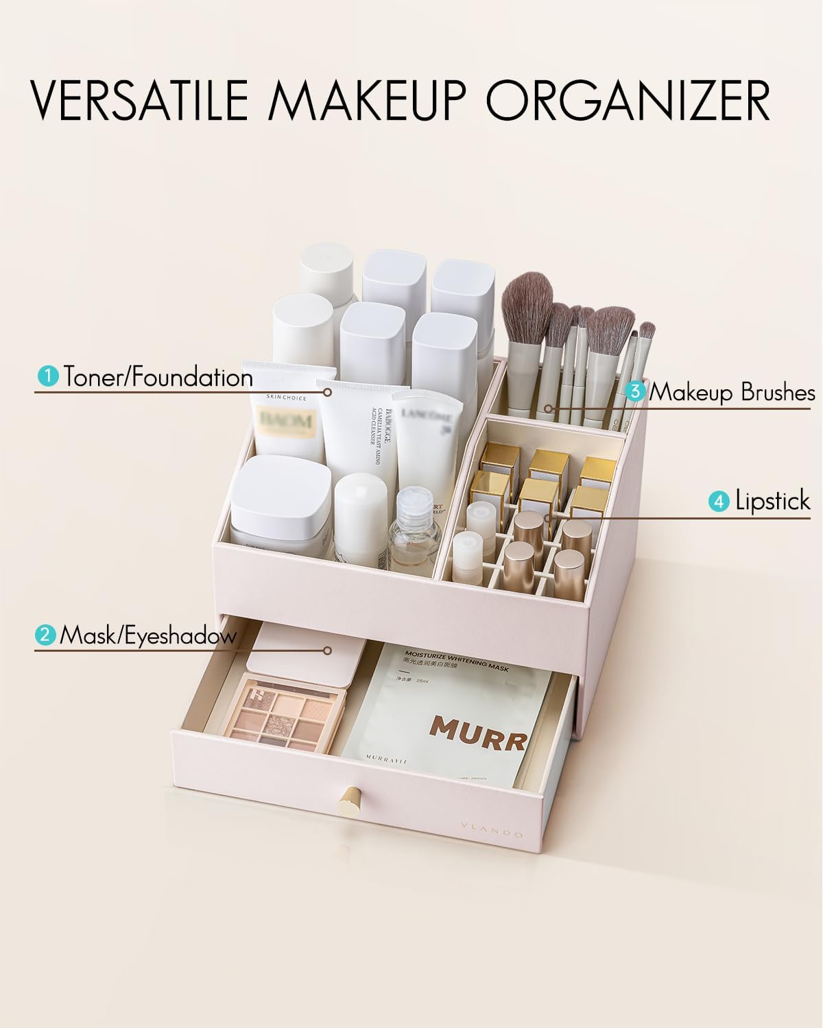 Vlando Makeup Organzier,Vanity Organizer with Drawers, PU Leather Skincare Organizer Perfume Organizer,Large Cosmetic Display Case for Lipstick,Brushes Gifts for Women-Apricot White