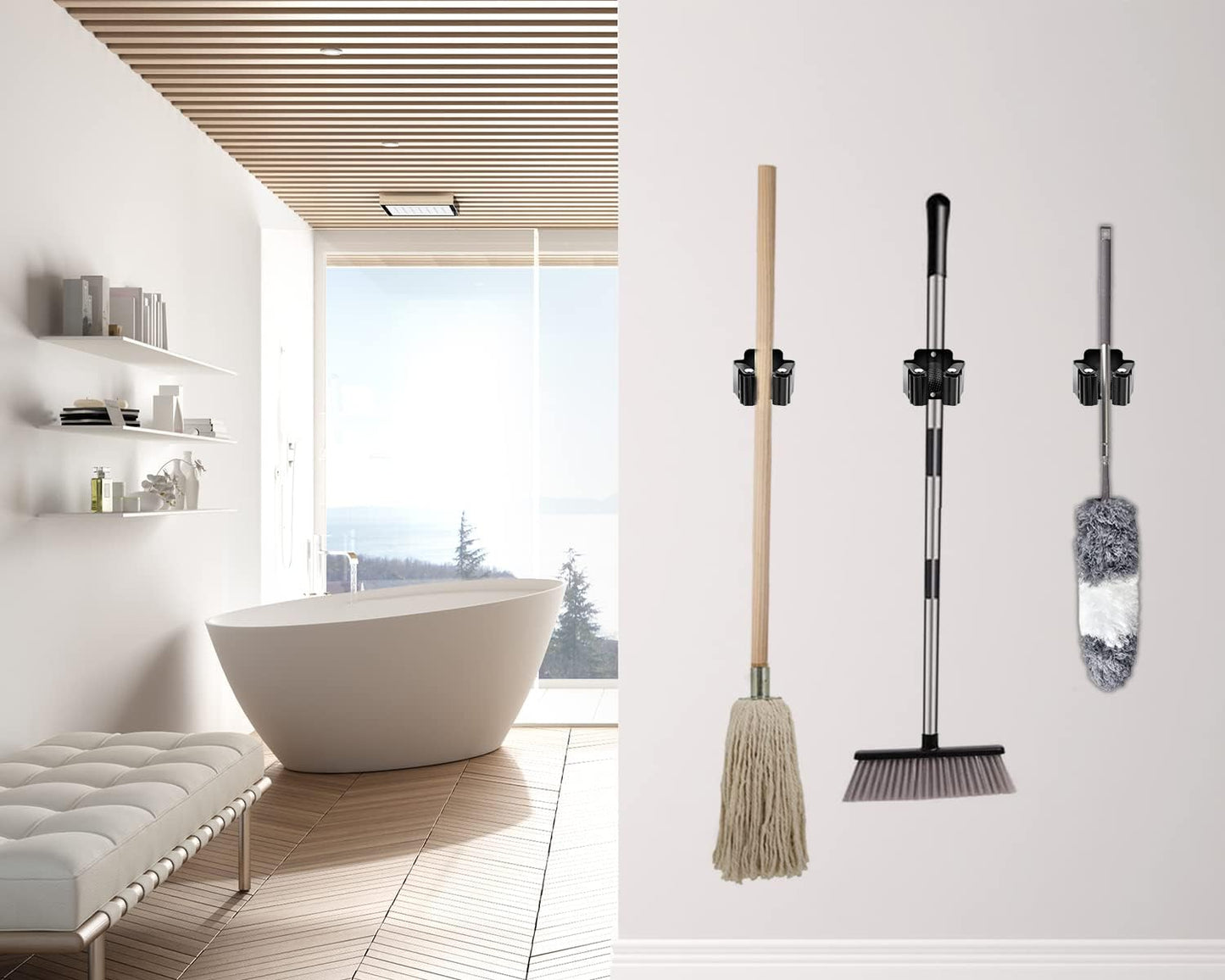 Verdenu 6 Pack Broom Holder, Stainless Steel Command Broom Holder with Screws, Garden Tool Rack for Kitchen, Home, Bathroom, Garage Storage, Black