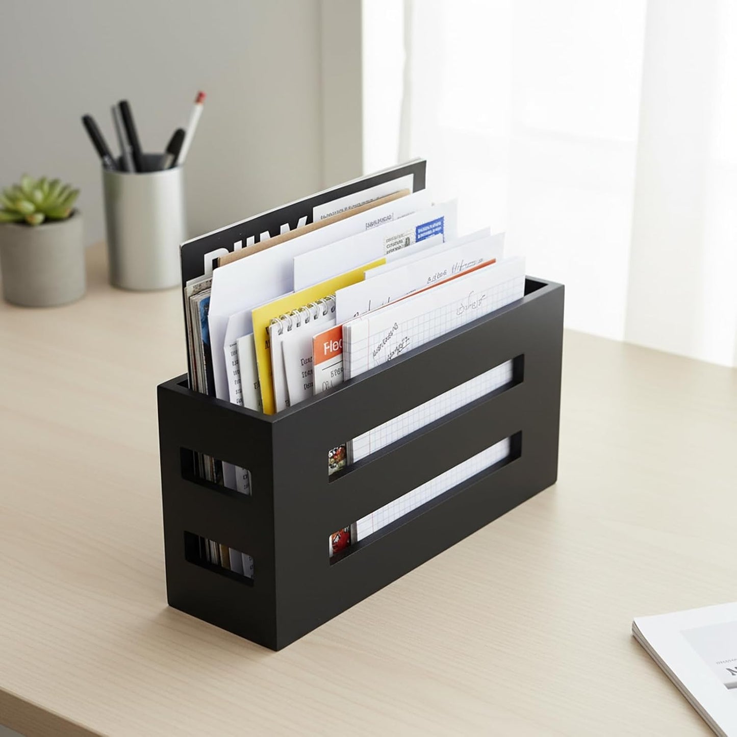 Magazine File Holder, Standing Wooden Magazine Rack, Desk Folder Organizer for Office & Bathroom-Black
