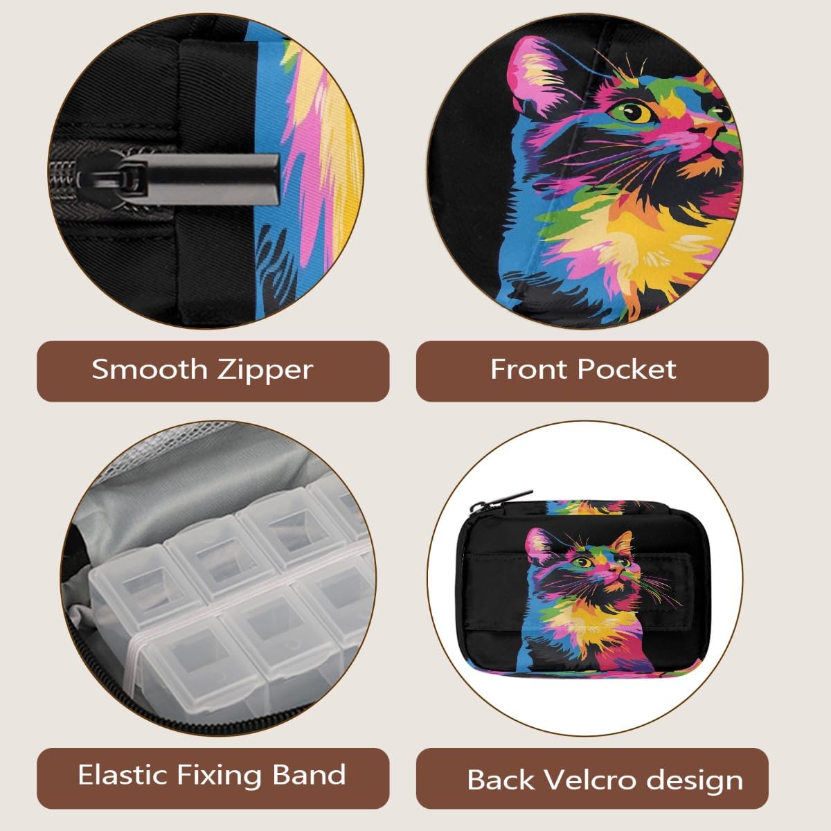 Abstract Art Colorful Cat Pill Organizer Travel Medicine Case with Zipper Daily Vitamin Storage Bag Portable 8 Slot Weekly Pill Box Supplement Holder for Home Office Gym Travel