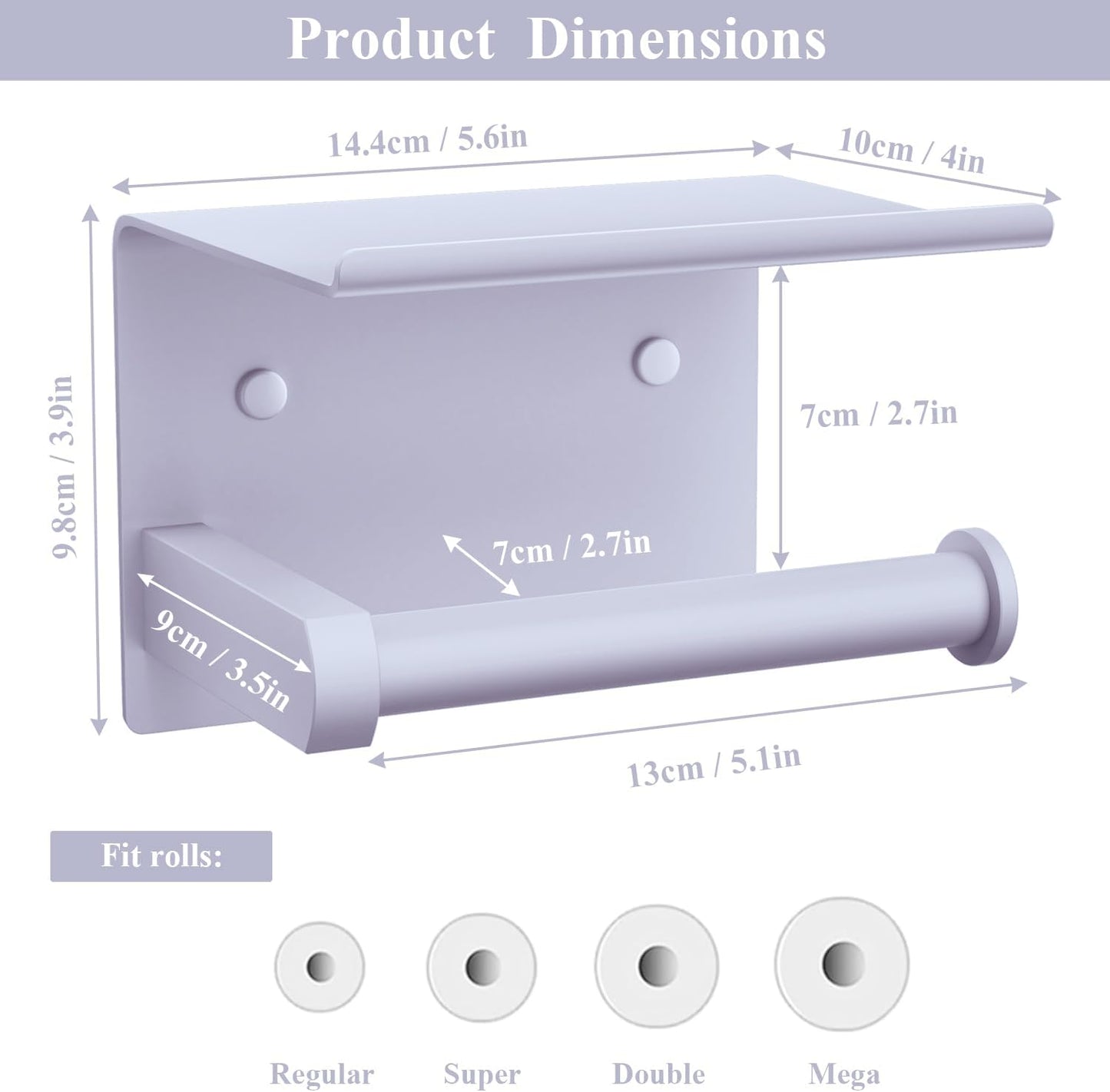 Tindbea Toilet Paper Holder with Shelf Adhesive or Screw Wall Mounted Toilet Paper Roll Dispenser Storage, Stainless Steel Bathroom Shelf Holder Accessories (Lavender Purple)