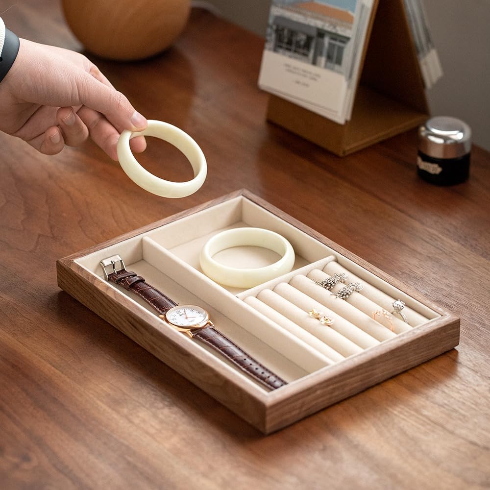 Black Walnut Wood Jewelry Tray with Velvet Lining, Multi-Functional Jewelry Organizer for Rings, Earrings, Necklaces & Bracelets, Drawer Jewelry Storage & Display Tray