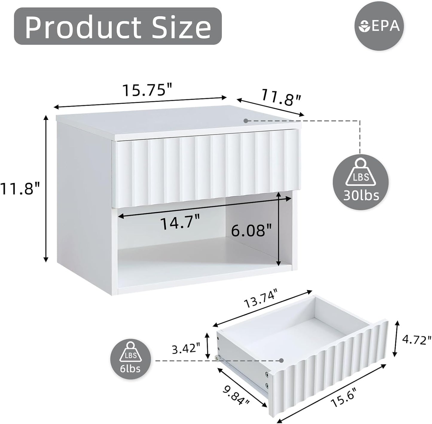 Floating Nightstand with Fluted Drawer - Modern Wall Mounted Bedside Table with Open Storage Shelf, Small Night Stand TV Stand for Bedroom(Matte White)