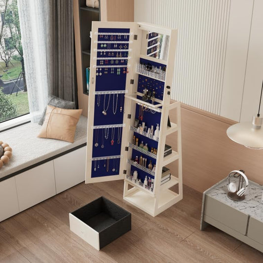 Montary Jewelry Cabinet with Full-Length Mirror - Freestanding Jewelry Armoire with Lockable Storage, Built-In Lighted Mirror & Back Storage Cabinet, White