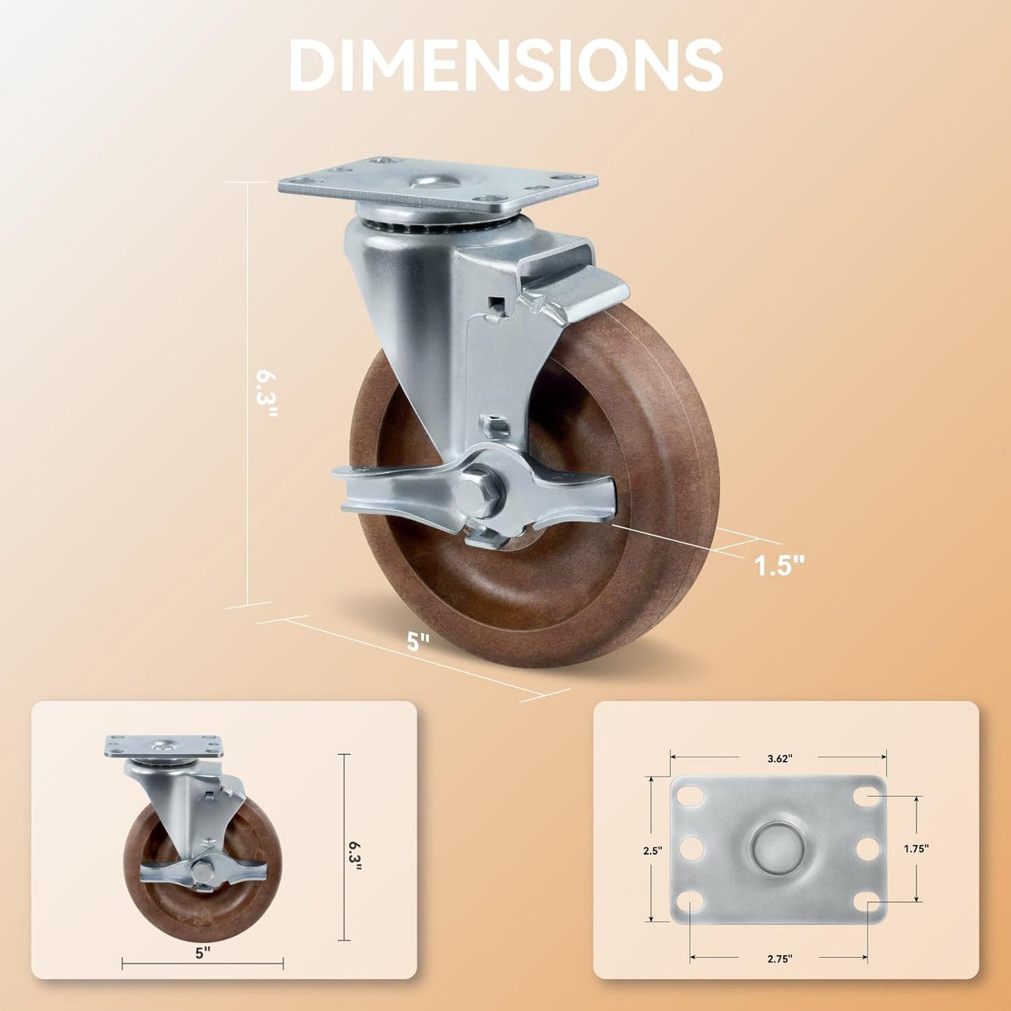 5" Hi-Temp Glass FiIled Nylon Casters, Heavy Duty Casters Set of 4, Industrial Caster Wheels for Commercial Kitchen, Bakery - 2800 lbs Capacity(4 Brake)