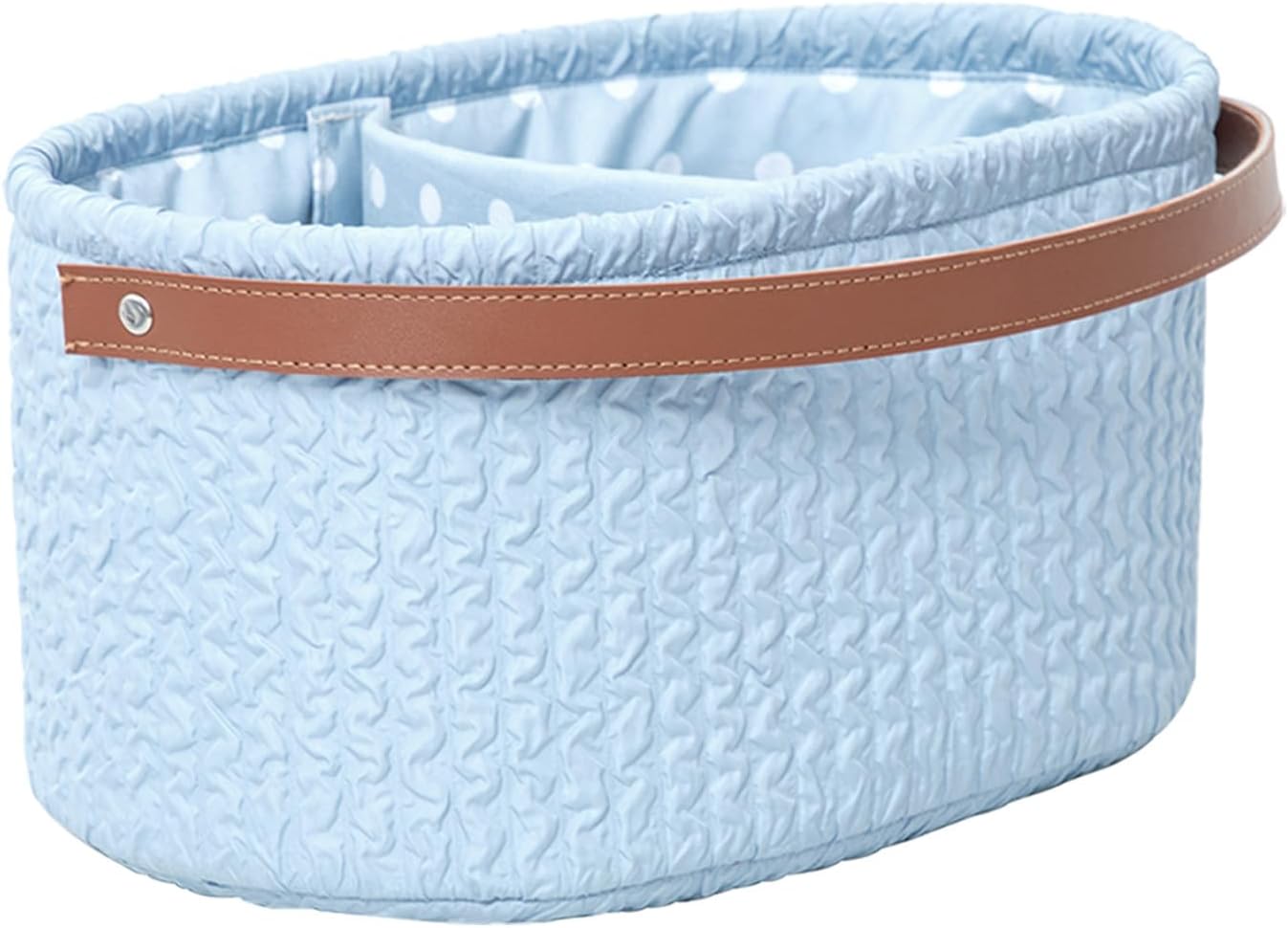 Blue Oval Double Compartment Pleated Fabric Basket - Quilted Fabric Storage Basket with PU Carrying Handle - Collapsible Organizer for Home, Picnic, Shopping, Traveling