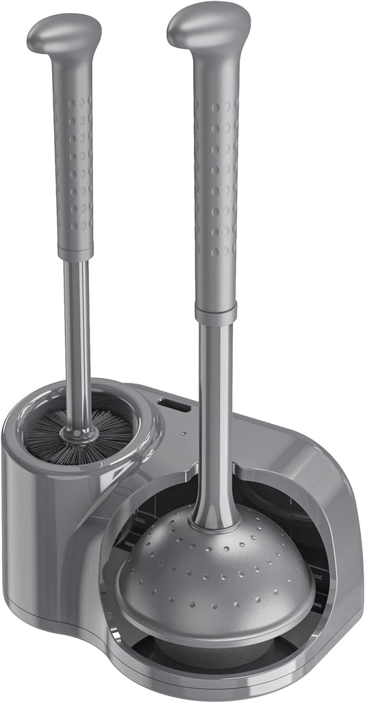 Toilet Brush and Plunger Set: 2-in-1 Heavy Duty Toilet Plunger and Bowl Brush Combo with Holder for Bathroom Cleaning - Grey