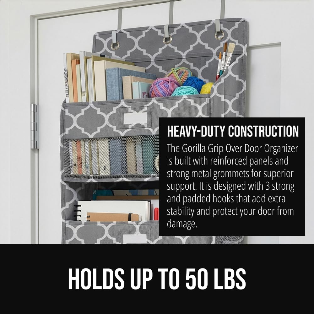 GORILLA GRIP Large Capacity Closet Organizer, 5 Deep Shelves, Holds 50lbs, Over the Door Organizers 6 Mesh Pockets, Shelf Storage for Clothes Crafts Essentials, 3 Metal Hooks, 58x15 Inches, Quatrefoil