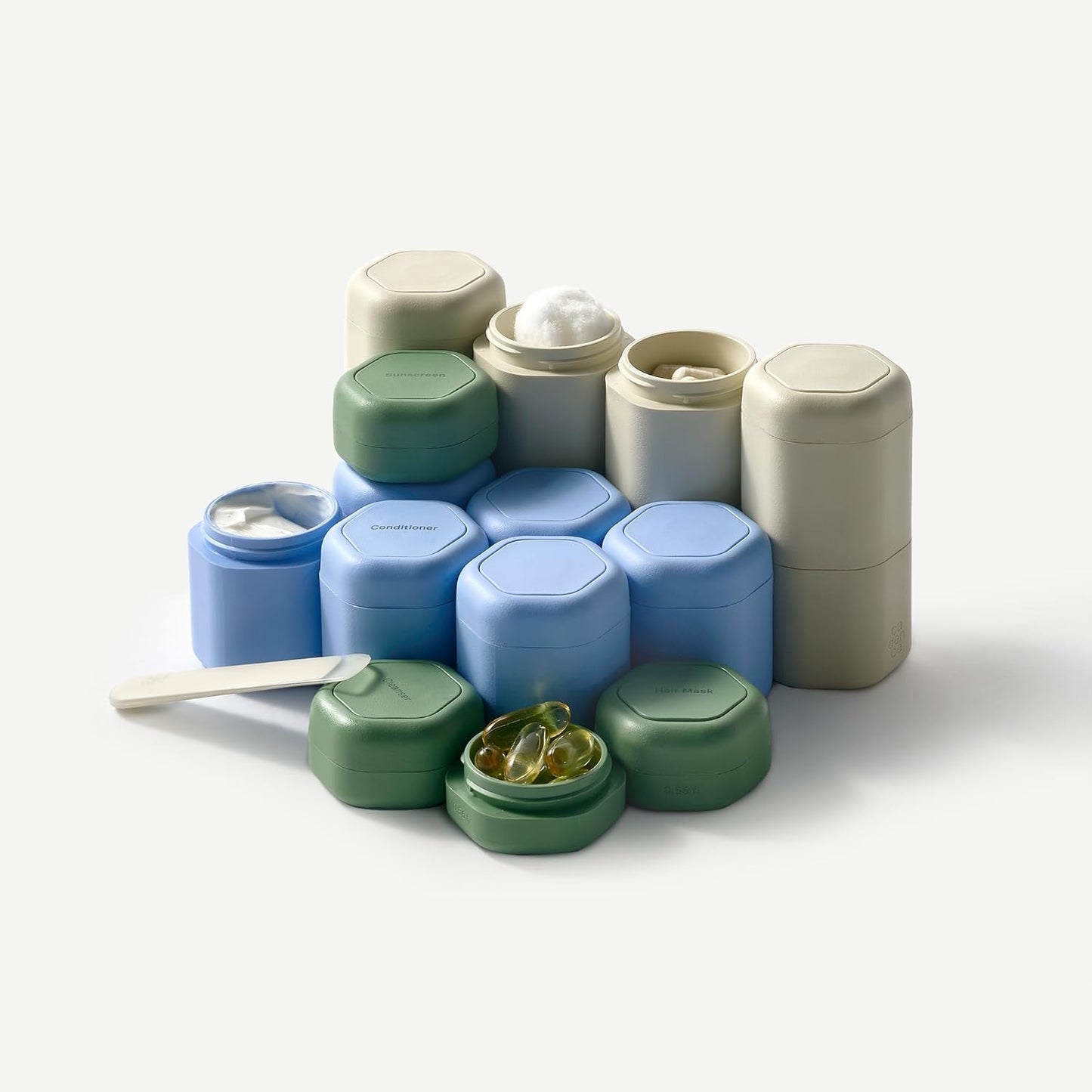 Cadence Travel Containers Basic Skincare Set - Magnetic Containers with Lids,Carry On Travel Essentials For Women/Men - 3 Small Capsules (0.56oz) - Cleanser, Moisturizer & Sun-Icon Labels - Eucalyptus