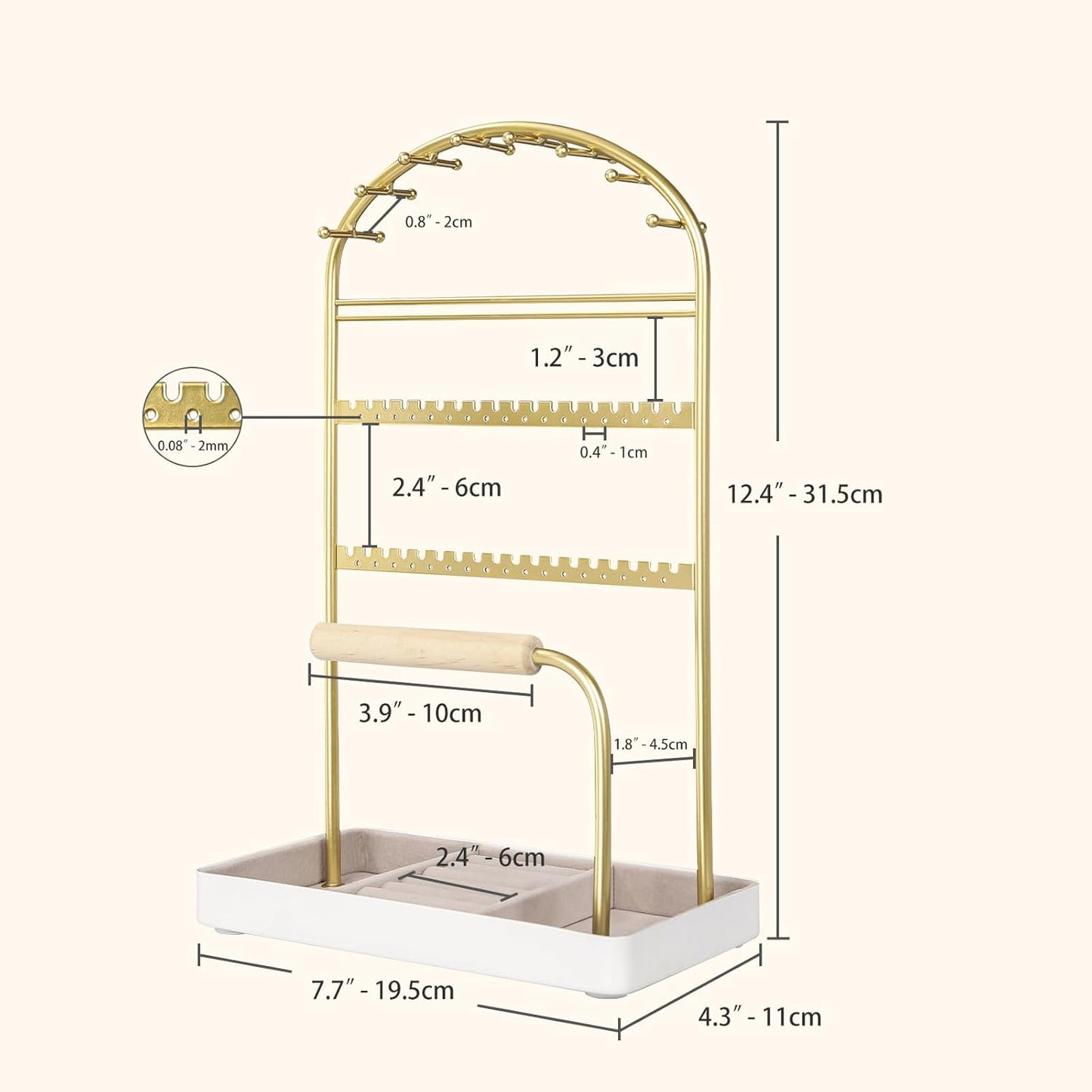 Multi-Functional Jewelry Holder Organizer Necklace Display Stand Velvet Lined Bar for Rings 2 Tier with 18 Hooks, 32 Earring Holes - Sturdy and Durable, Easy Organization White & Gold