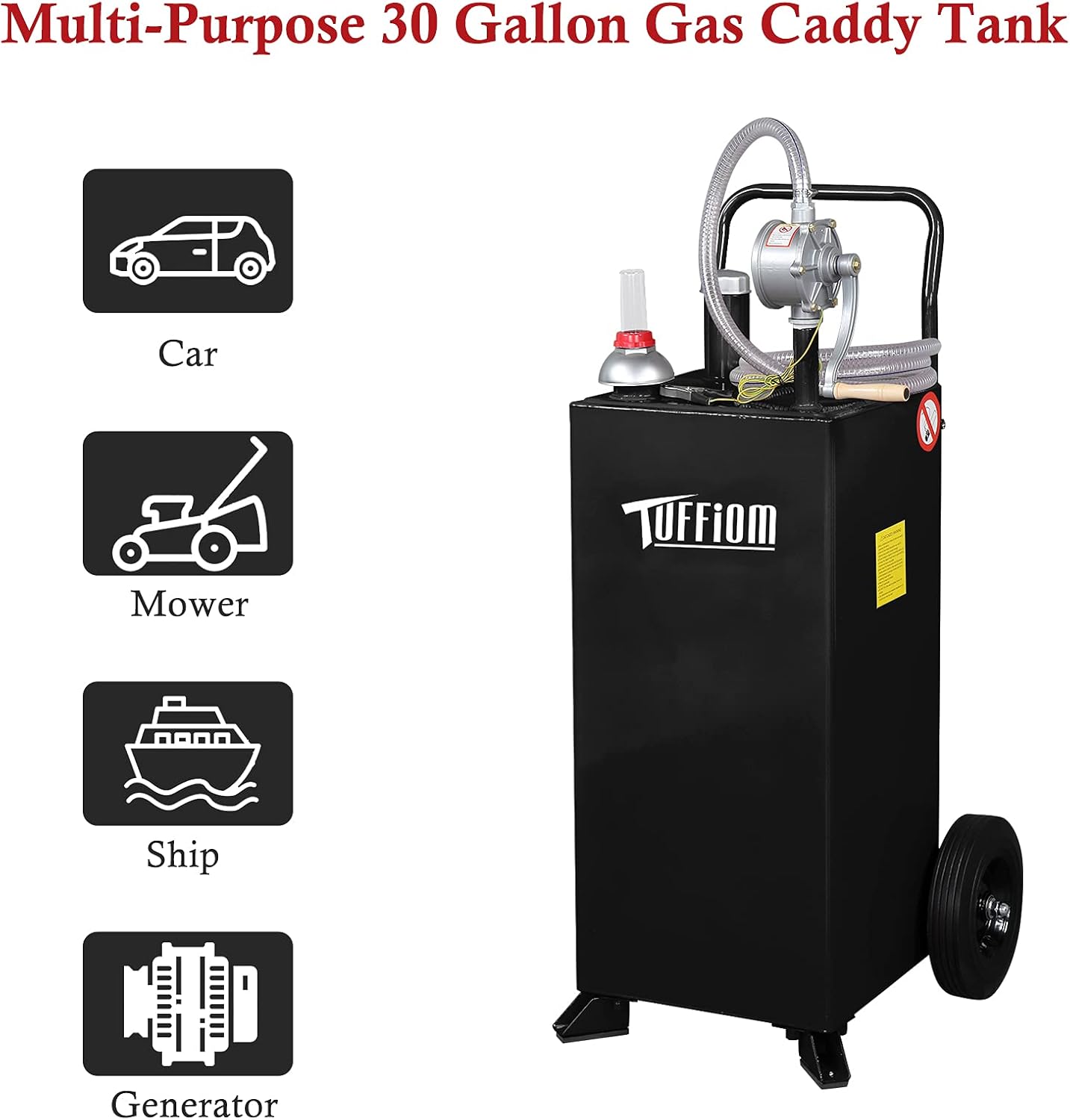 TUFFIOM 30 Gallon Fuel Gas Caddy w/Wheels & Manual Siphon Pump, Portable Diesel Fuel Transfer Storage Tank w/8.9ft Hose, Gasoline Can Container for ATV Car Mowers Tractor Boat Motorcycle