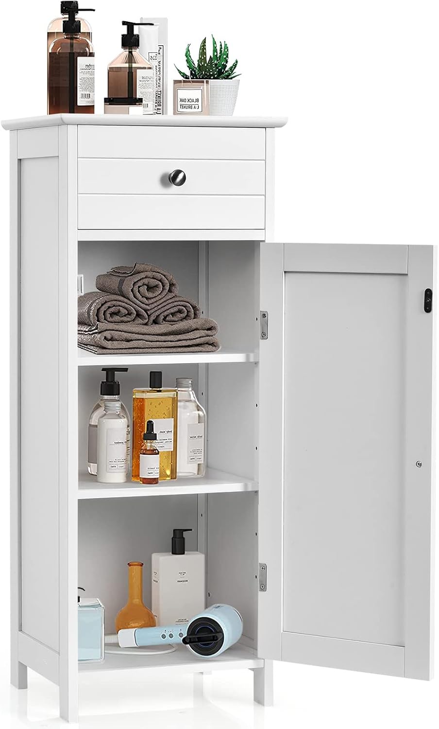 HAPPYGRILL Small Bathroom Storage Cabinet,Single Door Narrow Storage Cabinet Organizer w/Drawer & 3-Level Adjustable Shelves,Bathroom Cabinets Freestanding w/Anti-Tipping Device for Living Room Toilet