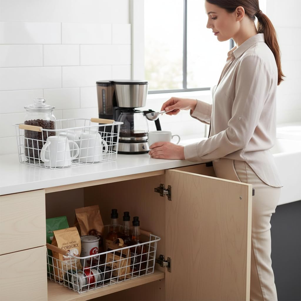 LeleCAT White Wire Baskets for Organizing with Handles，Pantry Organizers and Storage For Kitchen, Household Snack Basket for Cabinets, Closets, Bedrooms,food - Set of 4(White)