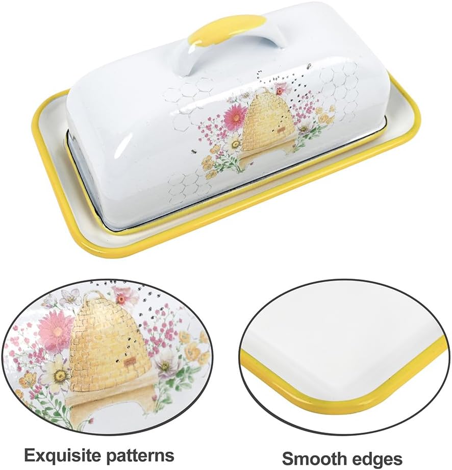 Enameled Farmhouse Vintage Butter Dish with Lid, 7.5 Inch Durable Kitchen Food Storage Container Rust-Resistant Refrigerator Safe,Vintage Decorative Design Kitchenware for Countertop