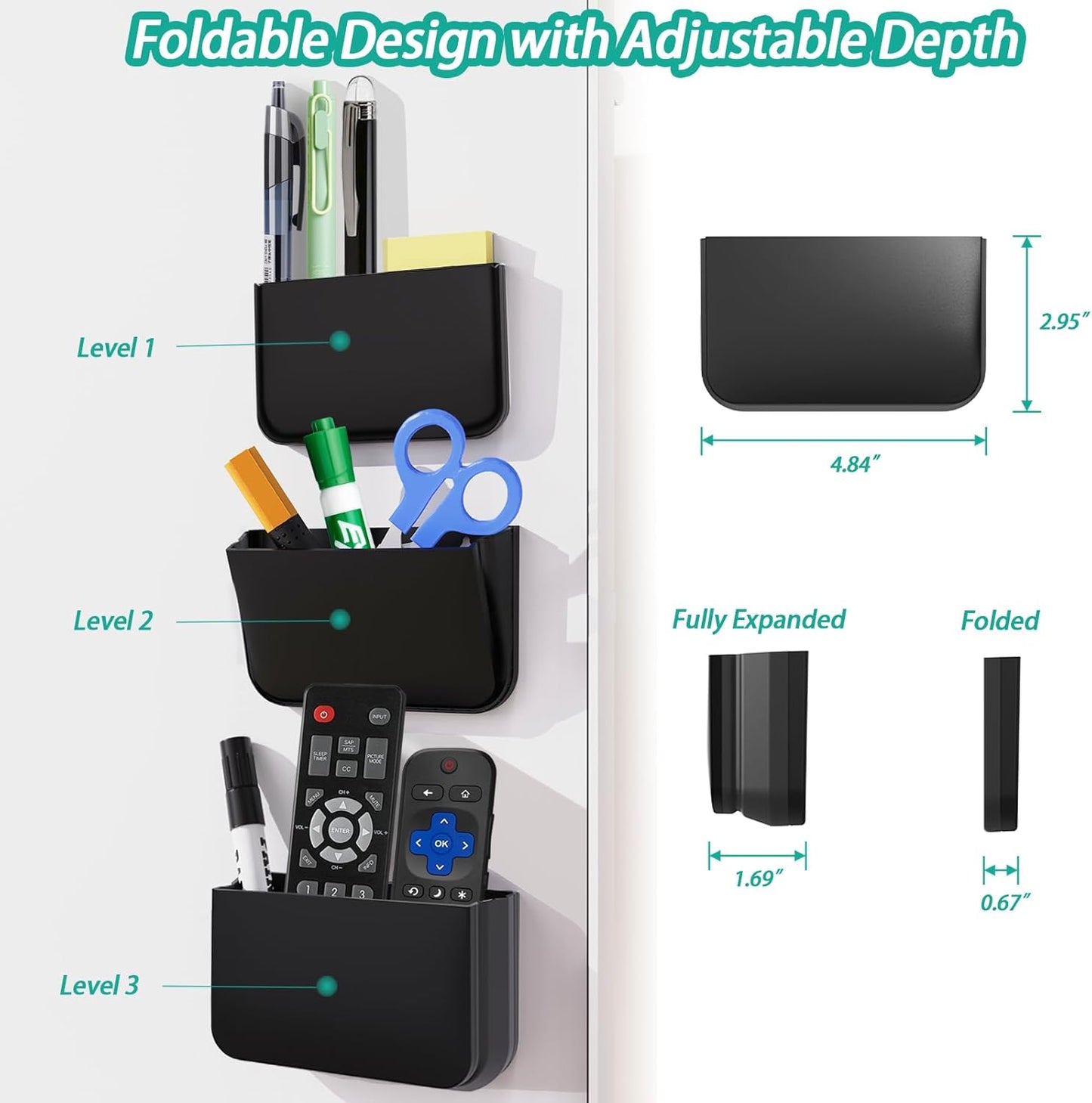 Magnetic Remote Control Holder Wall Mount, 2 Pack TV Remote Holder Wall Mount, Magnetic Pen Holders for Refrigerator, Whiteboard Marker, Locker Organizer, Office Organizer (Black)