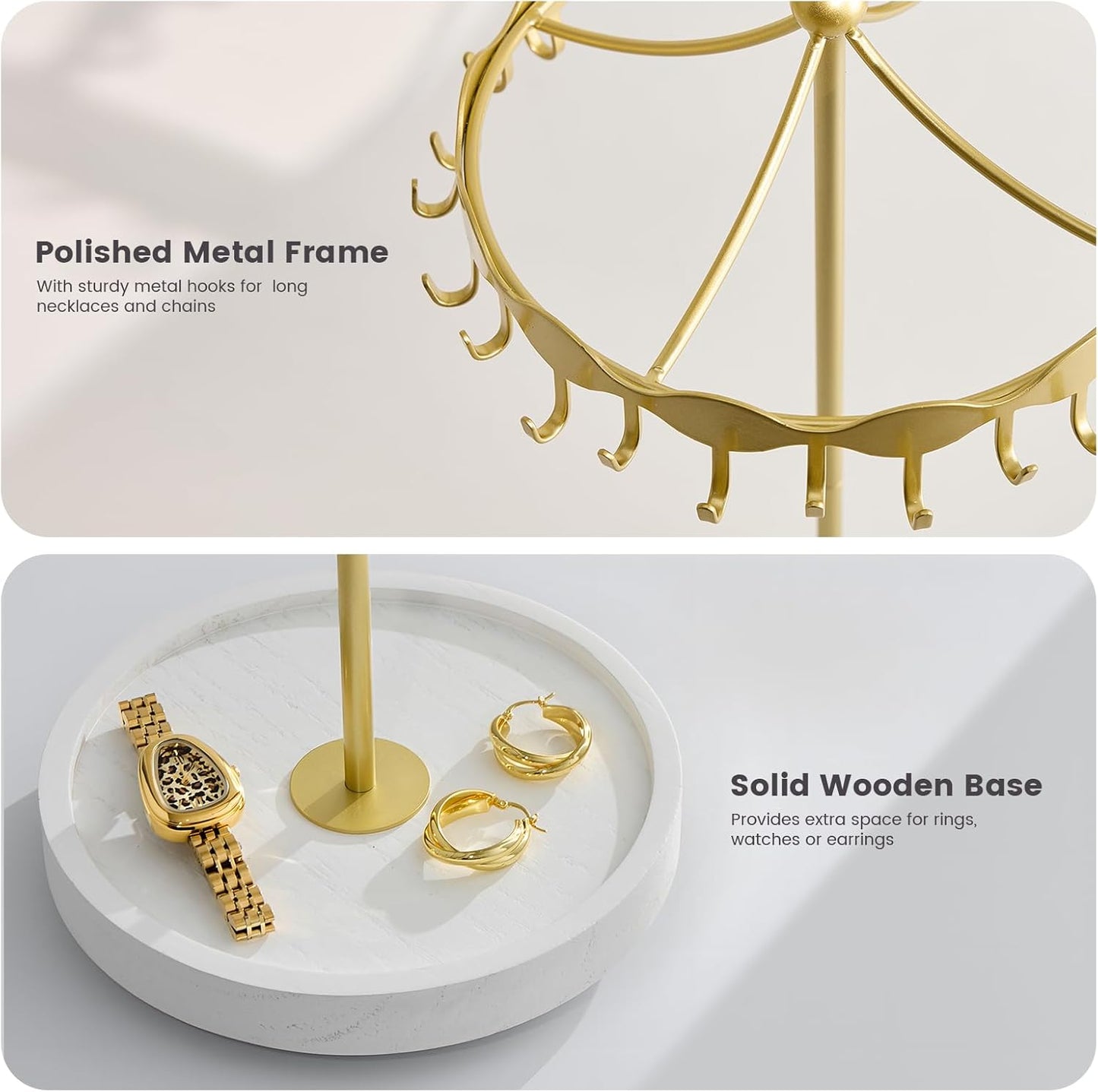 Lolalet Rotating Necklace Holder Stand with Metal Hooks, Spinning Display Carousels, Freestanding Organizer Hanger, for Long Necklaces Chains -Gold