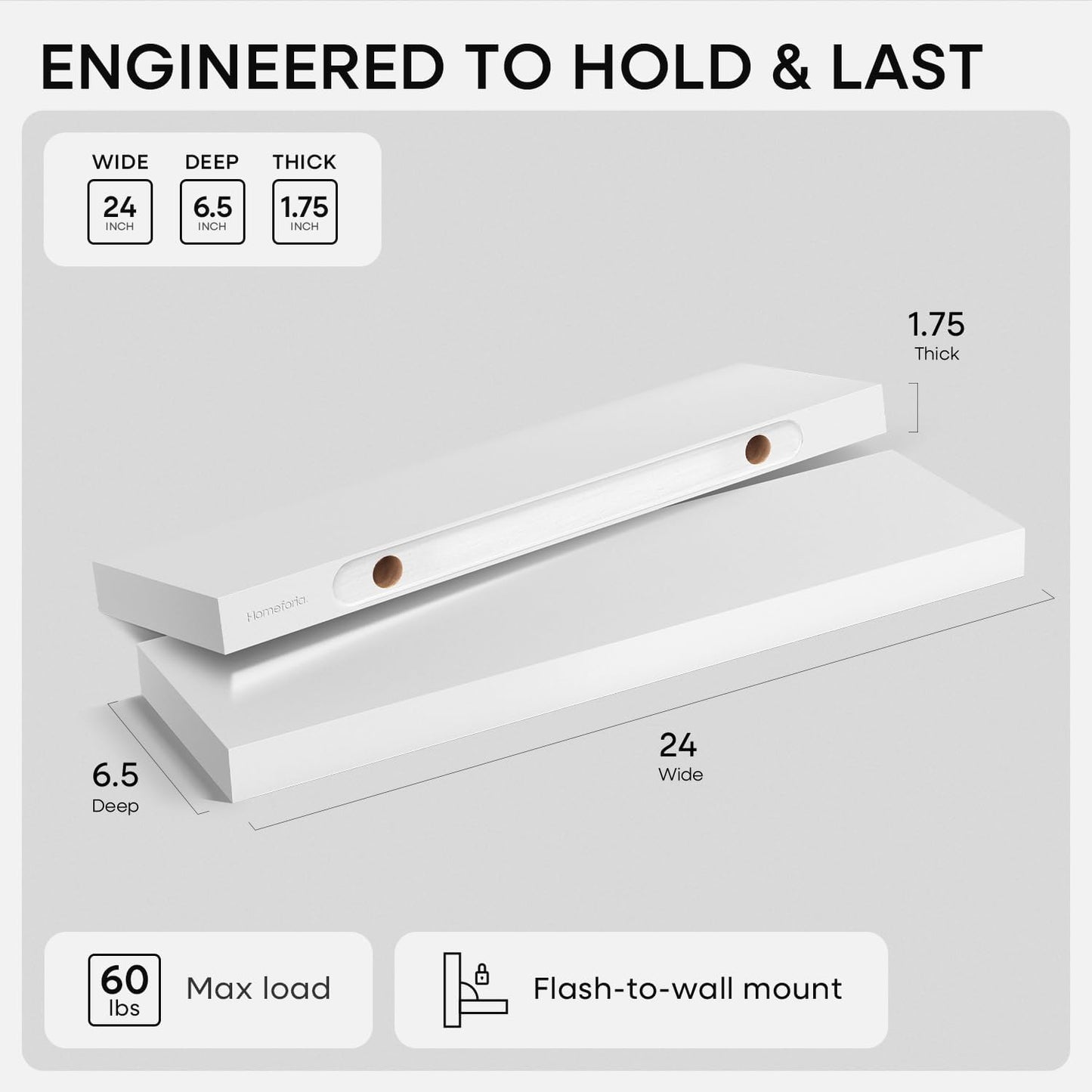 Homeforia White Floating Shelves 24 inch, High End Solid Real Wood 24inch Bathroom Floating Shelf for Wall Mounted, White Wooden 24in Floating Shelves, Heavy Duty Bracket, 24 X 6.5 X 1.75 in, Set of 3