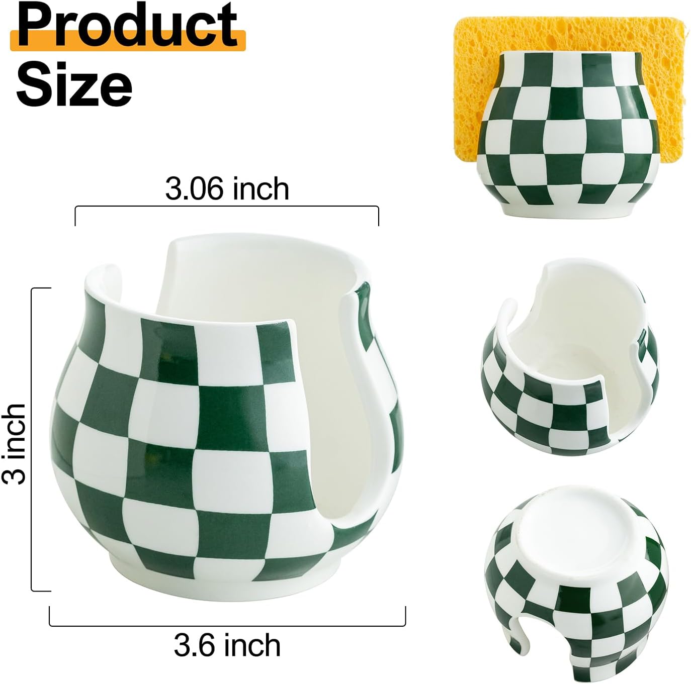 Kitchen Sponge Holder, Ceramic Sponge Organizer Checkered Scrubby Holder Sink Caddy Scrub Dish Rack for Kitchen, Bathroom, Sink, Christmas Decor, Green and White