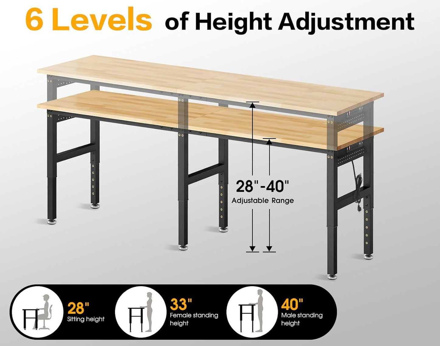 96” Heavy Duty Workbench, 5000 LBS Capacity Adjustable Work Bench with Pegboard and Power Outlet, Rubber Wood Work Table for Garage, Office, Workshop, Home