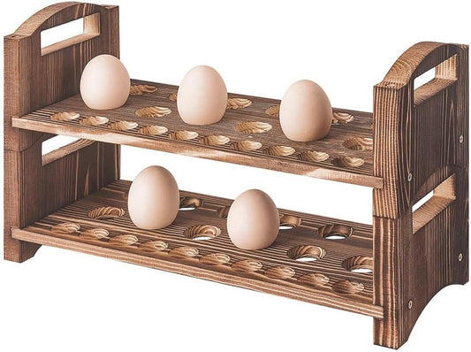 Wooden Egg Holder 2 Layer Rack Holders Countertop Stackable Quail Egg Sorter Storage Trays Organizer Display Stand Kitchen Rack Fits Duck, Turkey, Chicken Eggs,up to 36 Eggs, 2 Tier-Brown