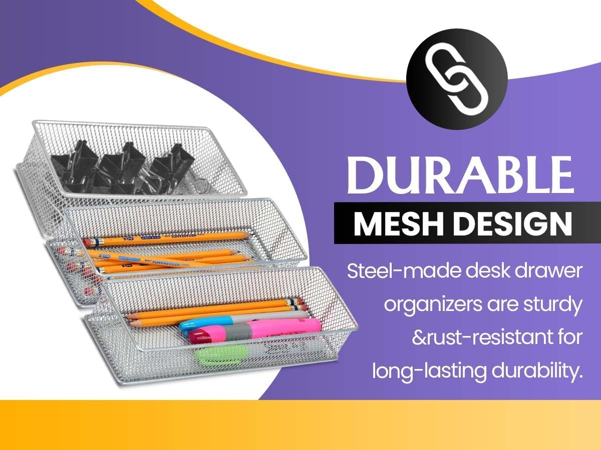 YBM HOME Silver Mesh Drawer Cabinet and or Shelf Organizer Bins, School Supply Holder Office Desktop Organizer Basket 1594s (1, 3x6x2 Inch)