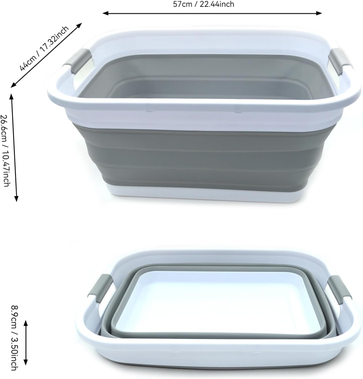 SAMMART Set of 2-41L(10.8 gallon) Collapsible Plastic Laundry Basket-Pop Up Storage Container-Portable Washing Tub-Space Saving Hamper/Basket, Water capacity:32L(8.4 gallon) (2 rectangular, Grey)