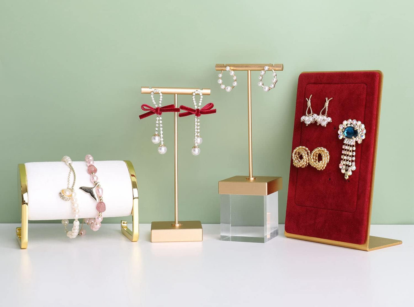GemeShou 2pcs metal earring holder, Gold T bar earring display stand, mini hangers for earrings Jewelry Photography, earring storage organizer【Gold-Square Base 2pcs Height 4.3 and 5.1 inch】