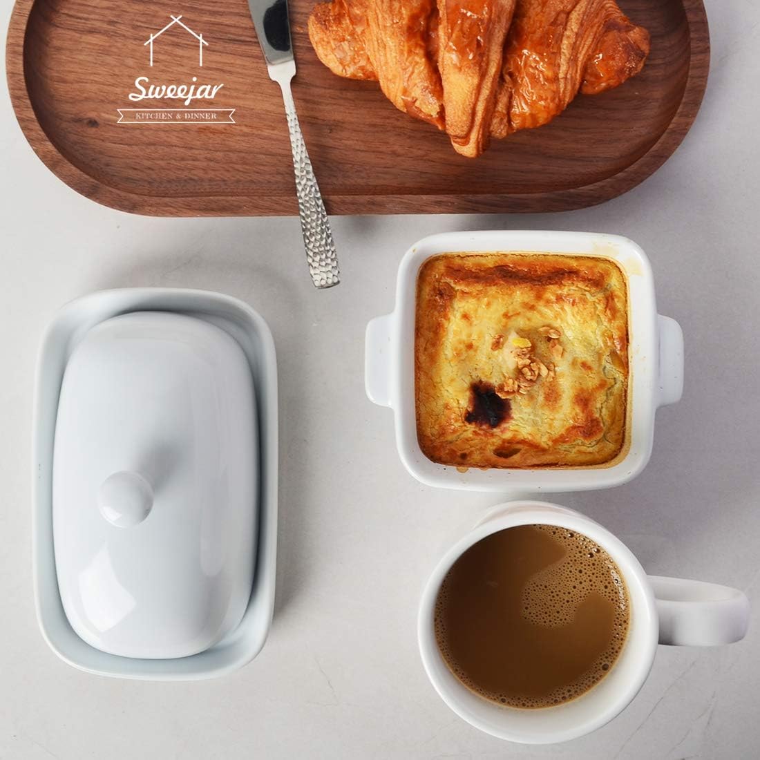 Sweejar Ceramic Butter Dish with Lid for Countertop,Porcelain Butter Keeper with Knob Handle,Butter Container for East/West Coast Butter, 7.1*3.7 inches (White)