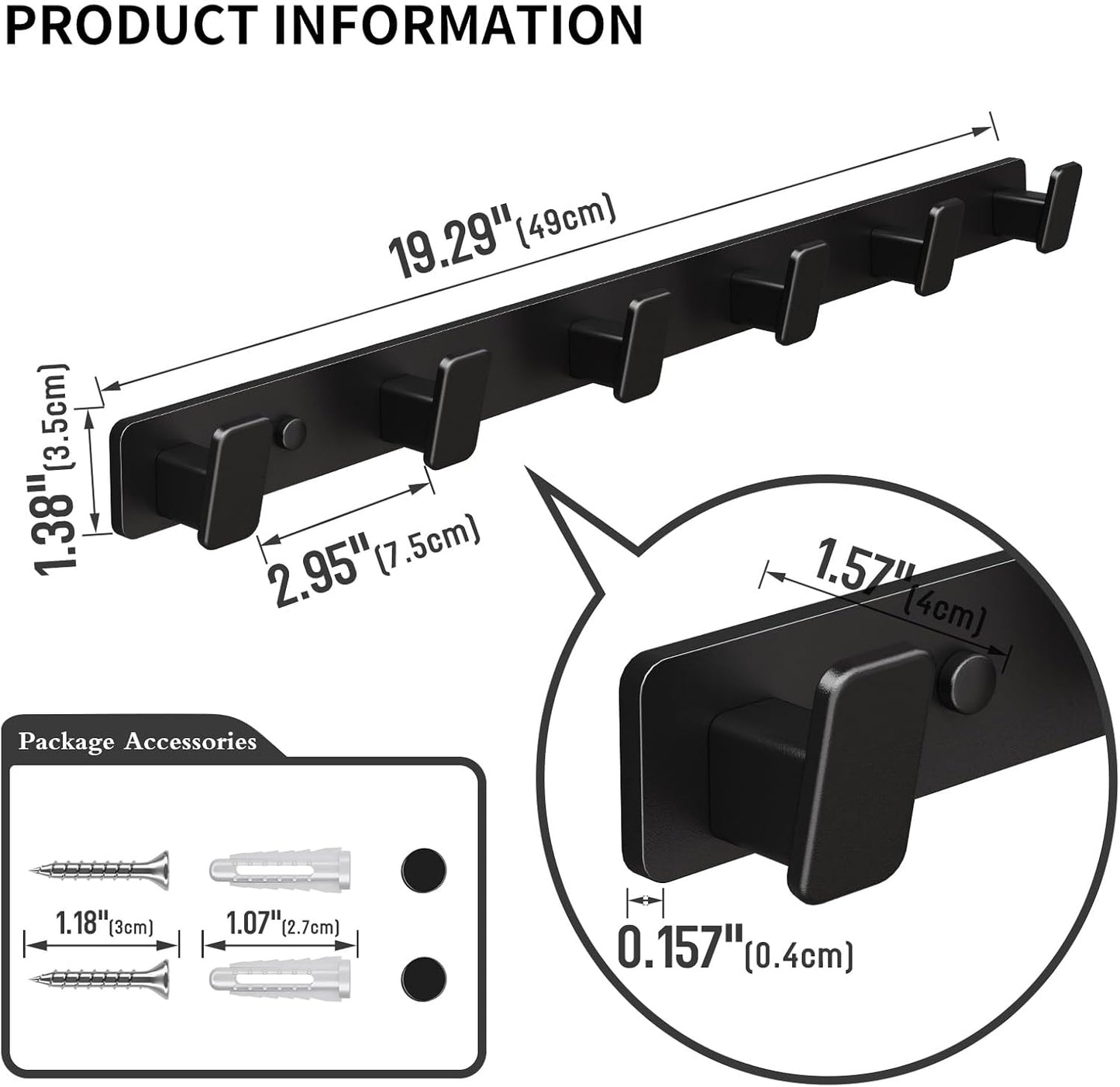 Coat Hook Wall Rack Hanger - Black Coat Rack with 6 Hooks Wall Hooks for Hanging Hat Key Bag Towel Wall Mount Coat Holder
