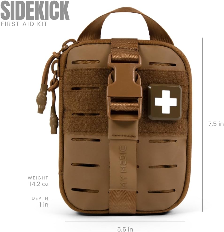 My Medic Sidekick Pro - Camping Hiking and Backpacking First Aid Kit - 70 Items with Tourniquet - HSA and FSA Eligible - Small Ifak Great for Travel or Motorcycle - Portable Emergency Kit – Coyote