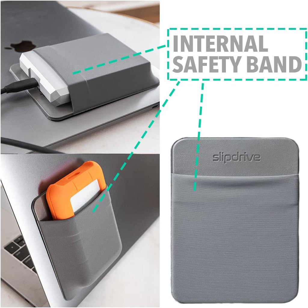 Slipdrive - Portable Hard Drive Sleeve for Laptop - HDD Hard Disk Drive - Reusable Adhesive - 5.5” x 4.5” Stick on External Hard Drive Carrying Case - Travel Pocket Pouch (Large, Gray)