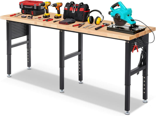 Workbench 84 Inch Heavy Duty Rubber Wood Top Work Bench Adjustable Height Work Table 5000 Lbs Load Capacity with Power Outlets & Extended Pegboard for Garage, Home, Office