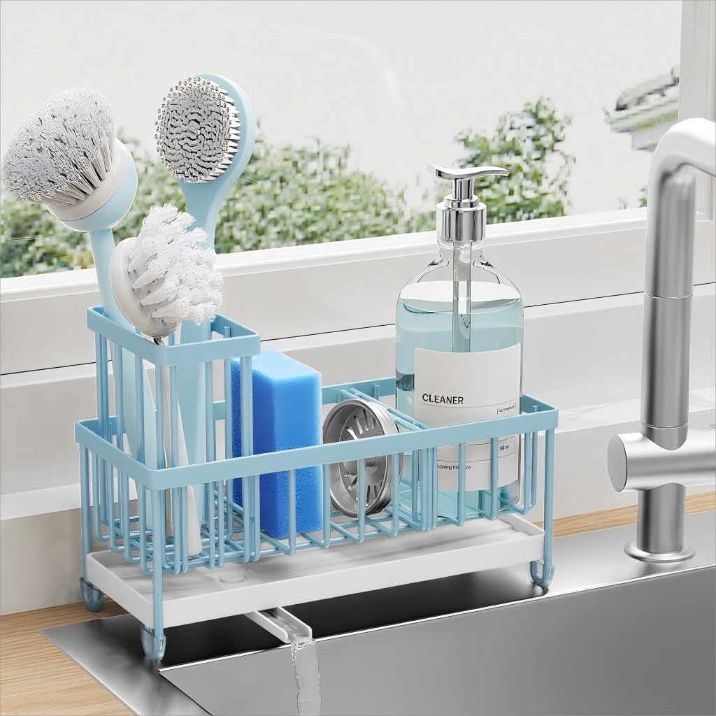 Cisily Blue Sponge Holder for Kitchen Sink, Sink Caddy Organizer with High Brush Holder, Kitchen Countertop Organizers and Storage Essentials, Rustproof 304 Stainless Steel, Soap Dispenser Organize