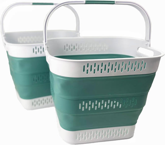SAMMART 40L (10.5 Gallon) Collapsible Plastic Laundry Basket with Handles - Foldable Pop Up Storage Container/Organizer - Portable Laundry Hamper - Space Saving (2, White/Celadon Green)