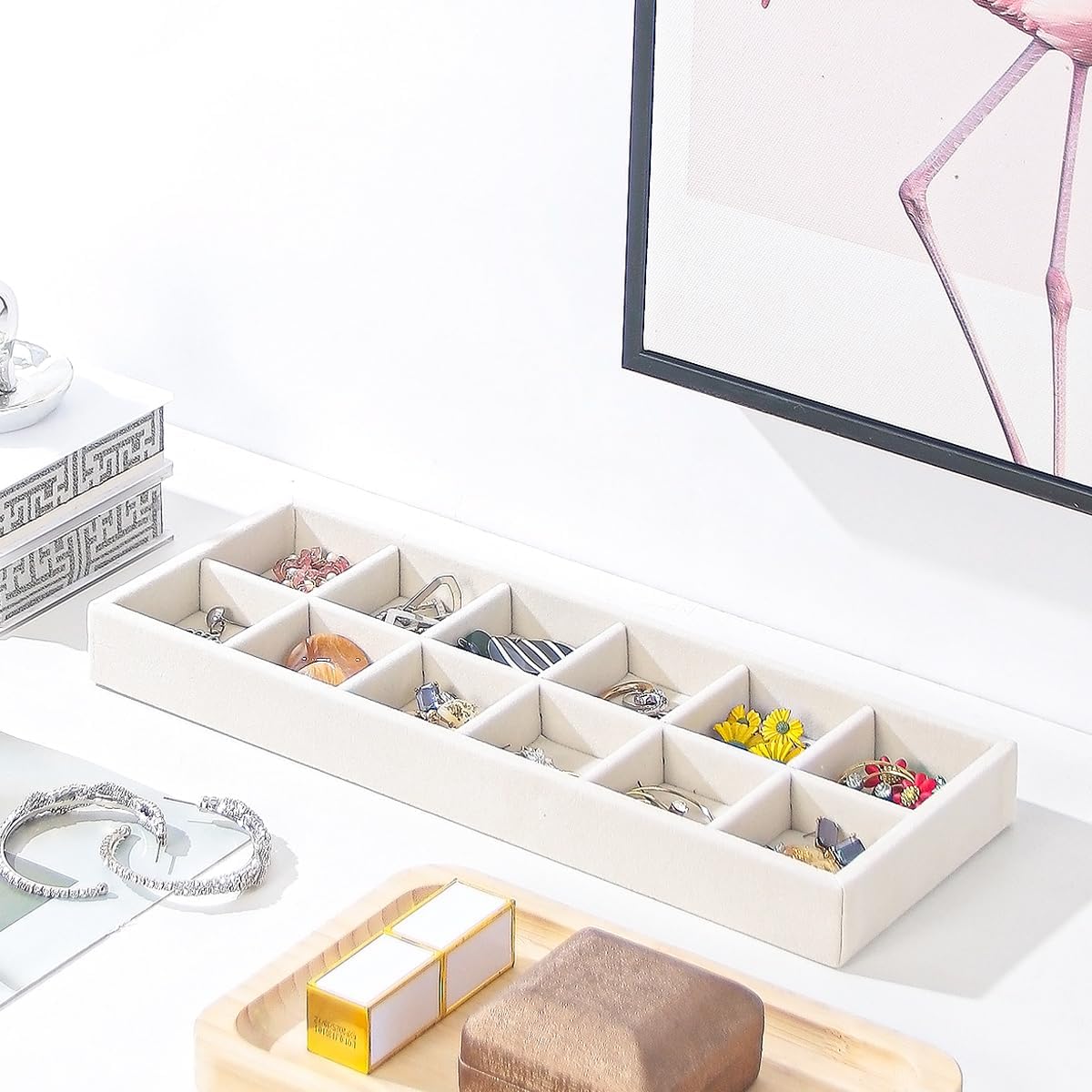 Divided Drawer Organizer Tray, Velvet Jewelry Storage Tray, Necklace Bracelet Ring Earring Display Tray,Bedside Nightstand Desk Holder Tray for Phone Watch Sunglasses Cosmetics Storage/Beige/12grid