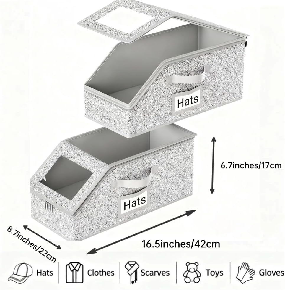 Space-Saving Hat Box with Clear Window Zipper Lid 2-Pack Stackable Closet Hat Organizer for Baseball Caps 16.5*9*7 Inches Grey