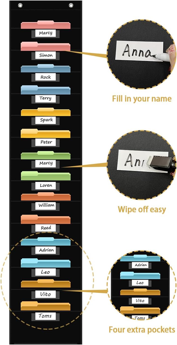 14 Pocket Hanging File Organizer with 14 Nametag Pockets. Black File Storage Pocket Chart for Classroom or Office Use. Perfectly Organizes Assignments, Files, Scrapbooks, and Documents.